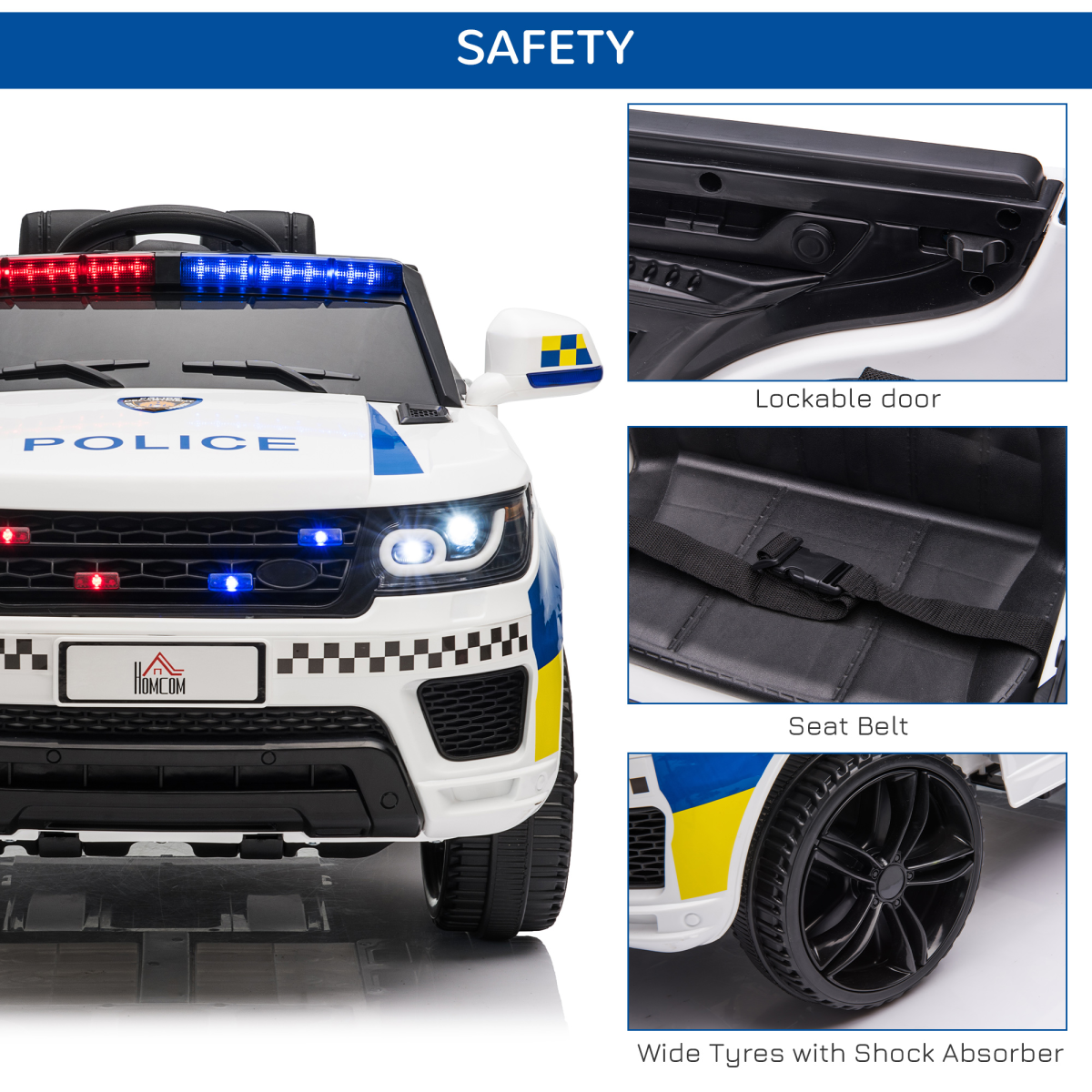 HOMCOM 12V Kids Electric Ride-On Police Car with Remote Control, Siren and Bluetooth – For 3-6 Years