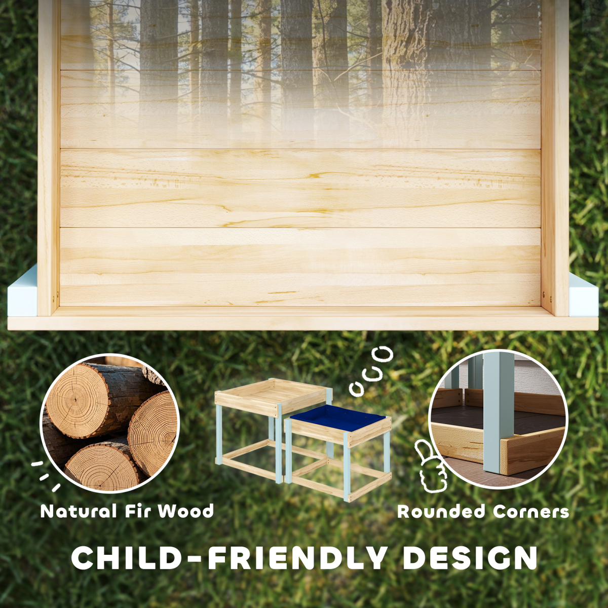 AIYAPLAY 2-Piece Wooden Sandpit and Water Play Table Set with Bottom Liner – Kids Outdoor Play, Natural Wood