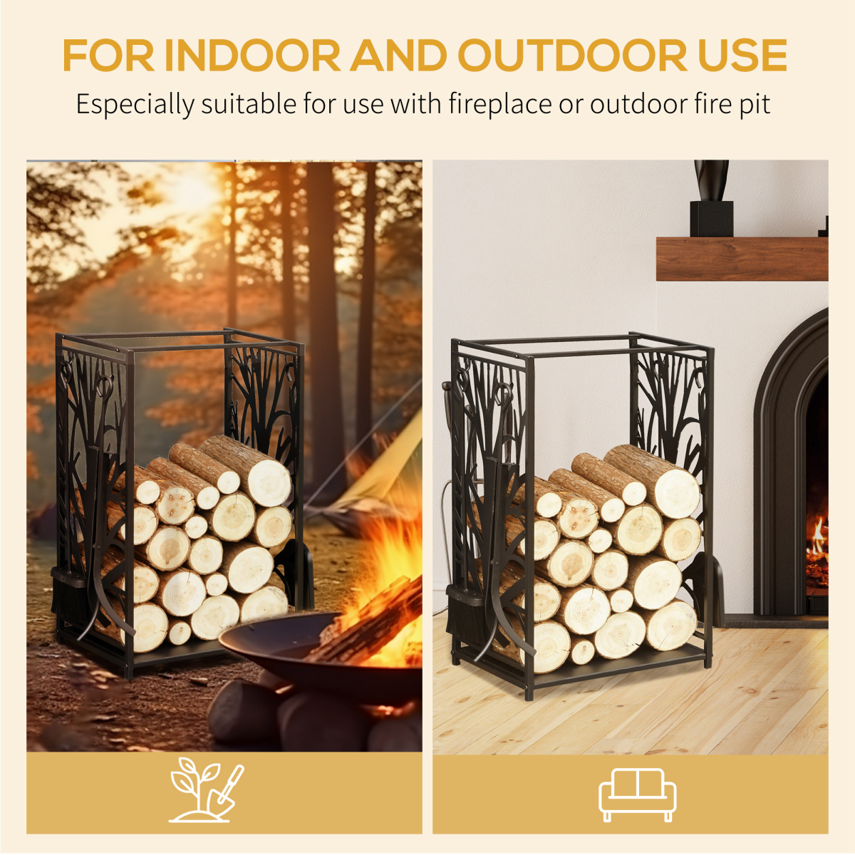 HOMCOM Heavy Duty Firewood Log Rack with 4 Fireplace Tools – Indoor and Outdoor Wood Stacker Storage