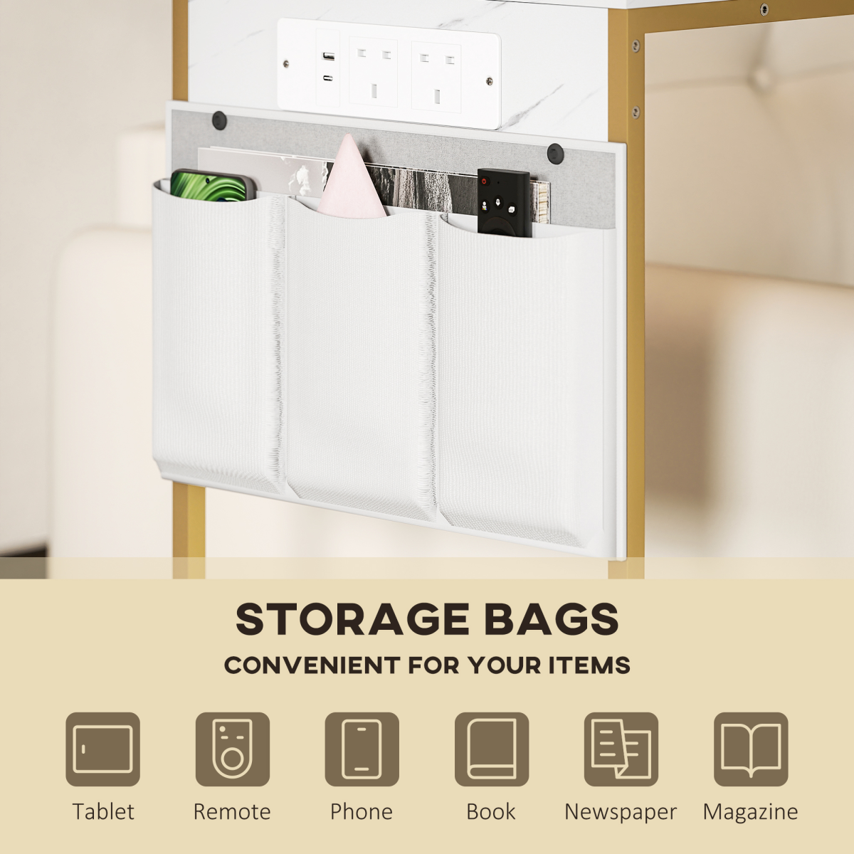 C-Shaped Side Table with Charging Station, USB Ports & Storage Bags – Sofa Side Table, White Marble Effect