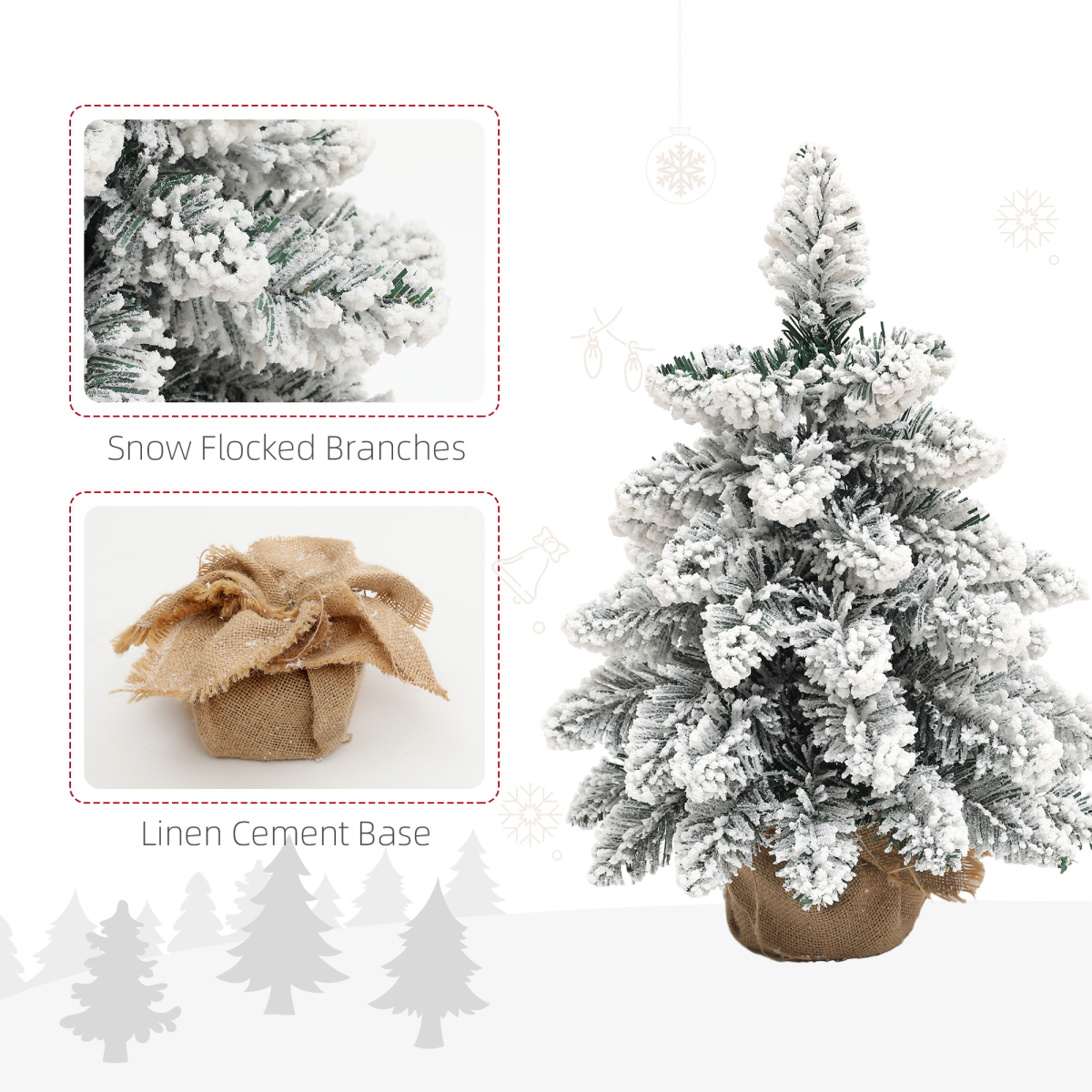HOMCOM Set of 2 Mini Artificial Christmas Trees with Warm White LEDs – Flocked Tabletop Xmas Trees, Green