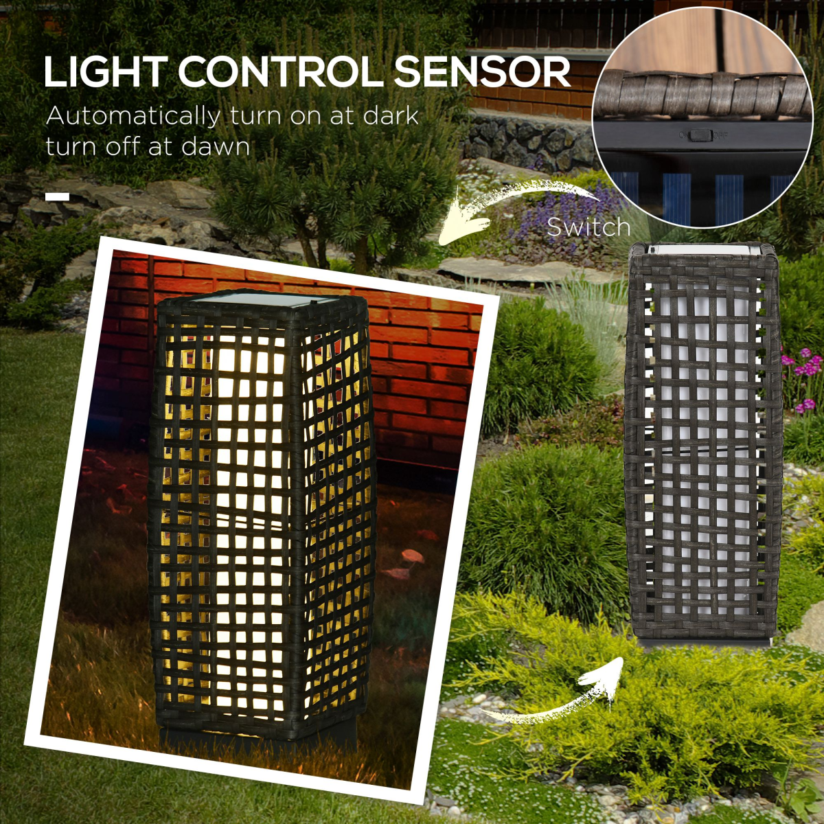 Outsunny Rattan Solar Lantern with Auto On/Off Warm White LED – Outdoor Garden Floor Lamp, IP44