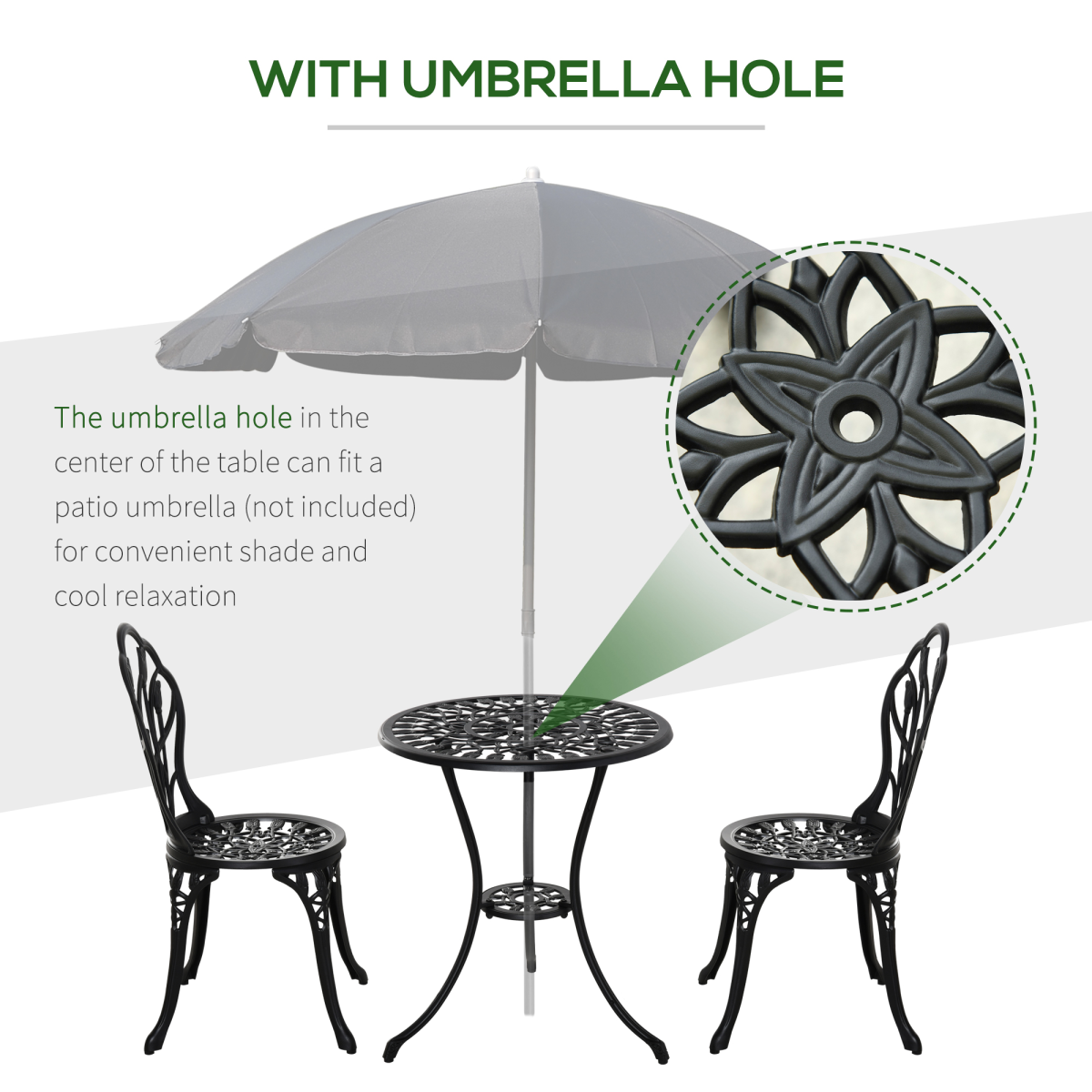 Outsunny 3-Piece Aluminium Bistro Set with 2 Chairs, Round Table & Umbrella Hole – Tulip Design Garden Furniture, Black