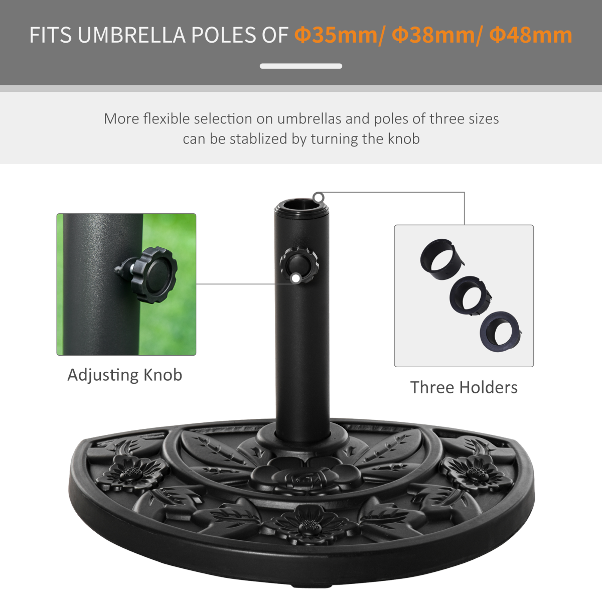 Outsunny Half Round Parasol Base with Flower Engraving – 10kg Weighted Umbrella Stand for Balcony, Black