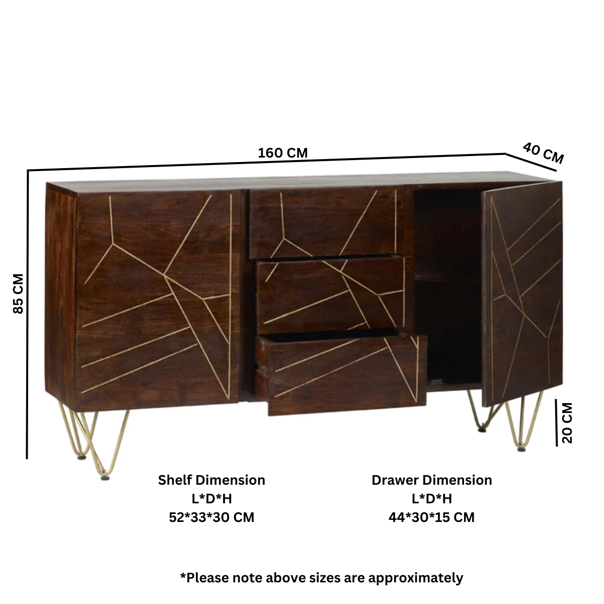 Extra Large Sideboard with Dark Gold Inlay, 3 Drawers & 2 Doors – Solid Wood Storage for Dining & Living Rooms