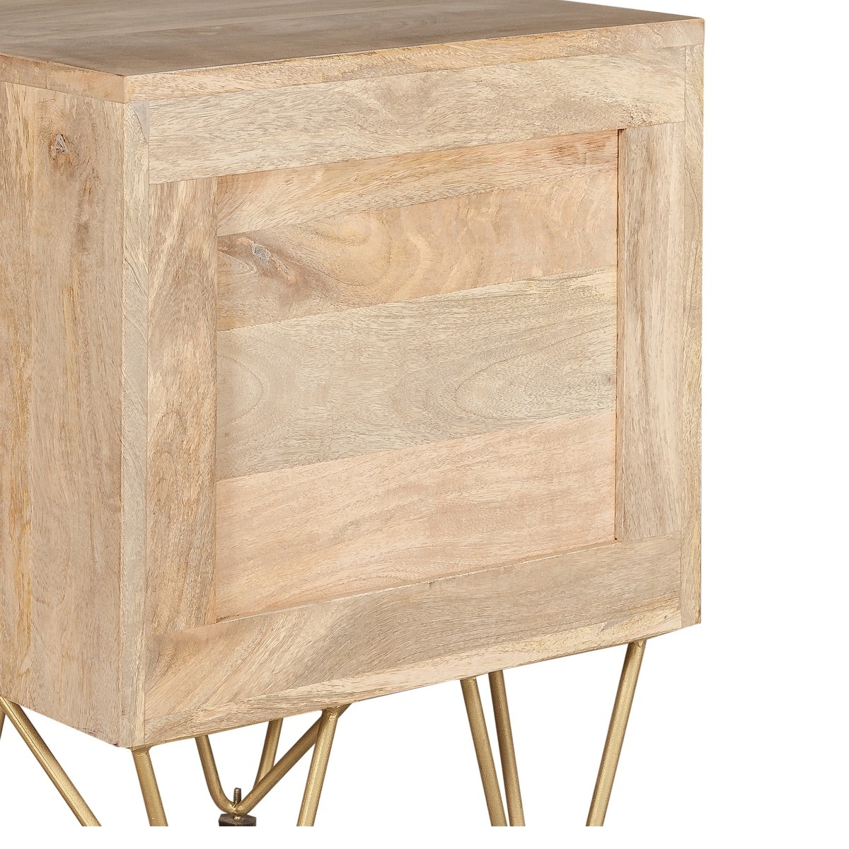 Light Gold Metal Inlay 2-Drawer Side Table in Solid Wood – Retro Angled Legs, Lamp & Bedside Table