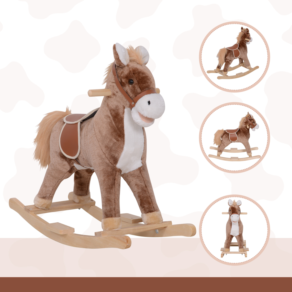Kids Plush Rocking Horse with Padded Seat, Handles and Solid Wooden Base – Brown and White, 3 Years+