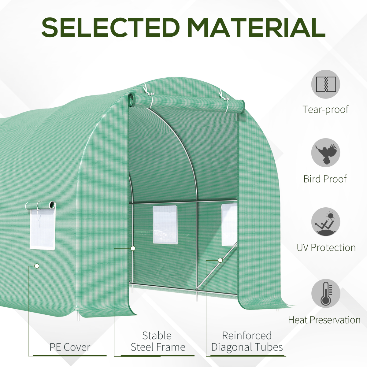 Walk-in Tunnel Greenhouse with 6 Windows & Zipped Roll-up Door – Steel Frame, 14.6 x 6.2 x 6.6ft, Deep Green