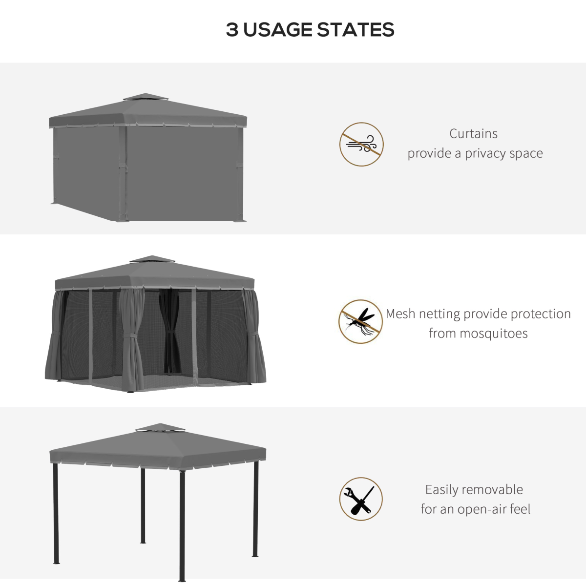 Outsunny 3x3m Gazebo with 2-Tier Roof, Mosquito Net & 4 Curtains – Garden Canopy, Dark Grey