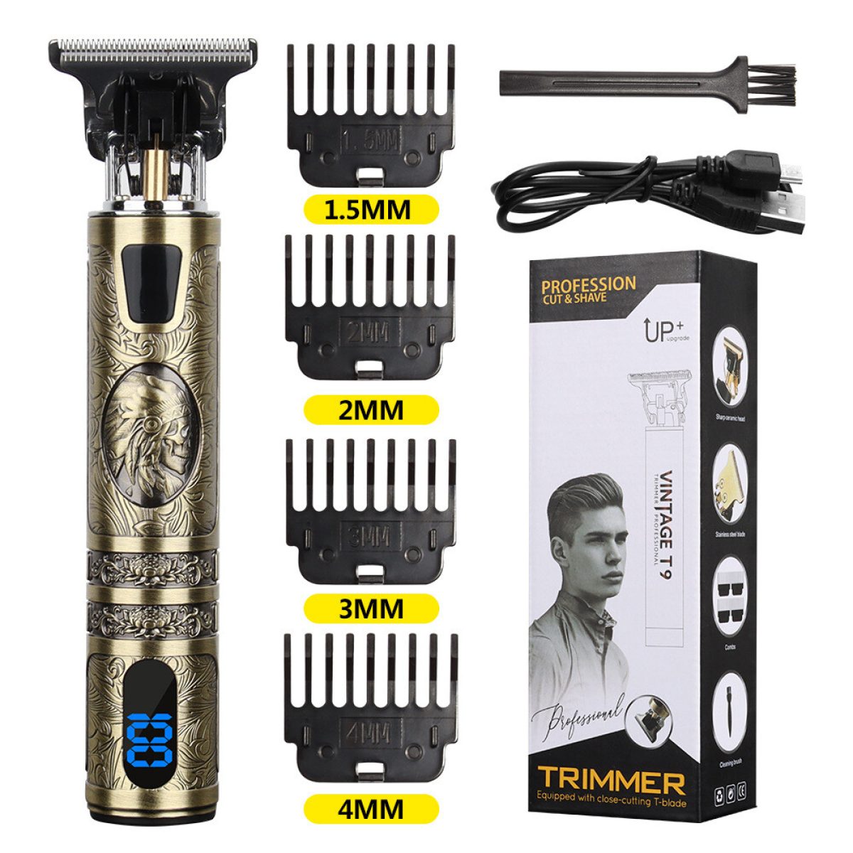 Cordless Hair Clippers & Beard Trimmer Kit with LCD Display, T-Blade and 4 Guide Combs – USB Rechargeable Men's Grooming