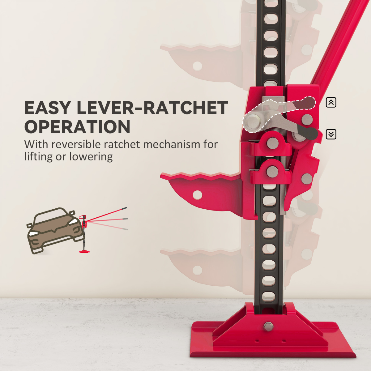 HOMCOM 3 Tonne High Lift Farm Jack, 33" Steel Ratchet Jack with 11–65cm Lift – for 4x4s, Tractors & Trucks, Red