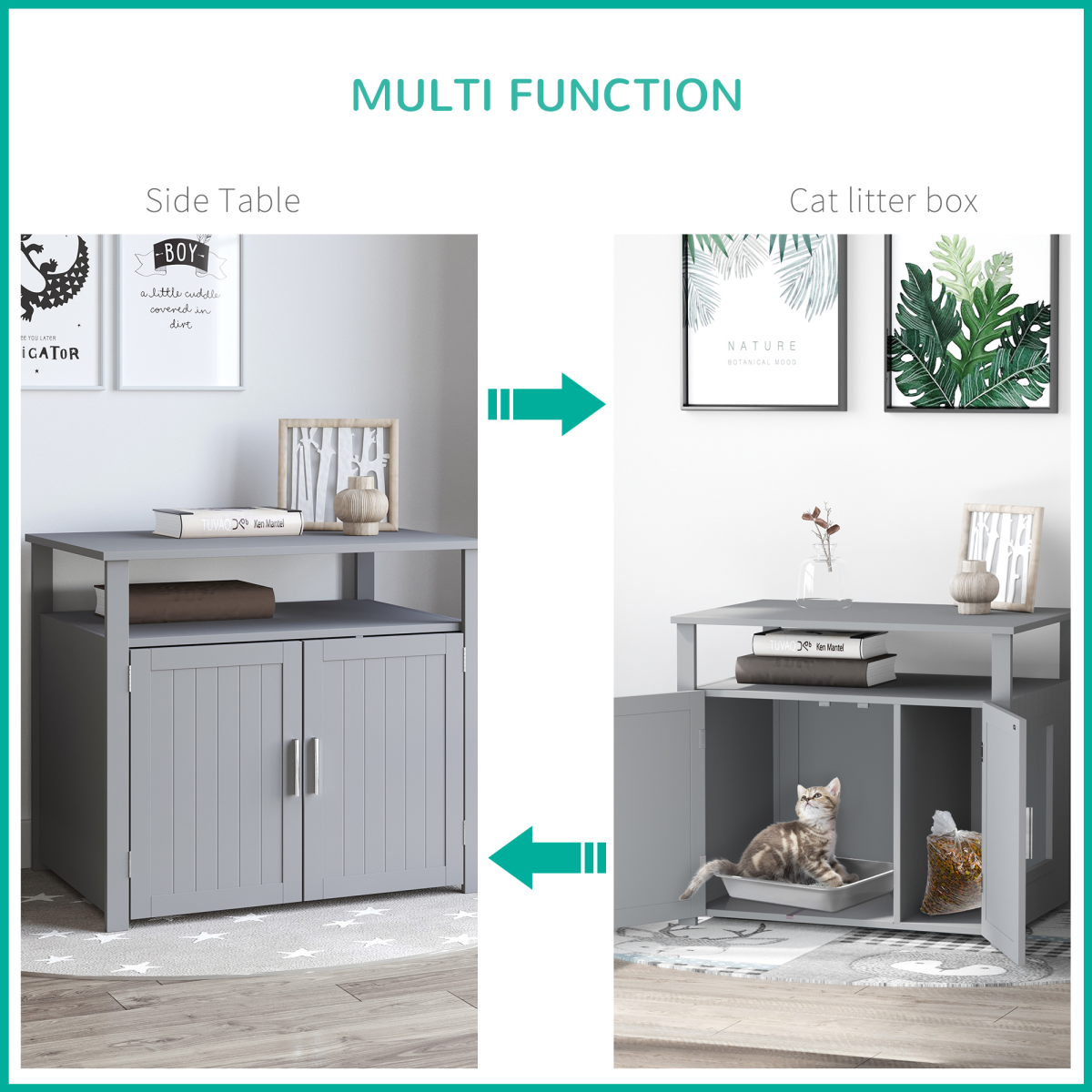 Pawhut Wooden Cat Litter Box Enclosure with Shelves and Magnetic Door – Cat House Furniture, Grey