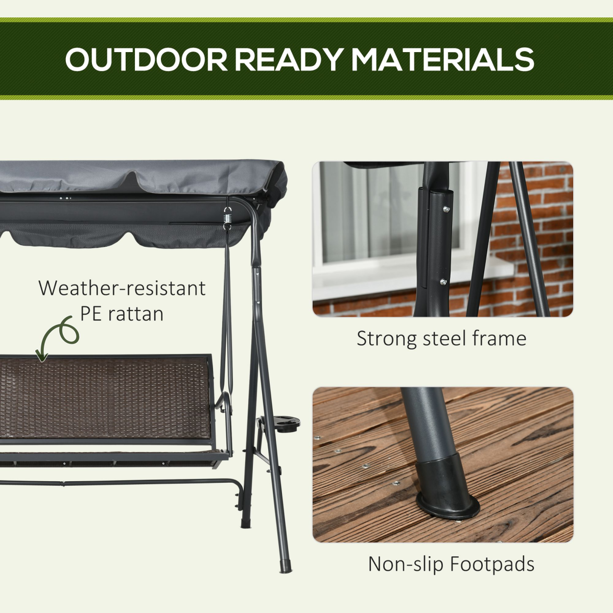 Outsunny 3-Seater Garden Swing Bench with 45° Adjustable Canopy & Steel Frame – Rattan Seat Patio Swing