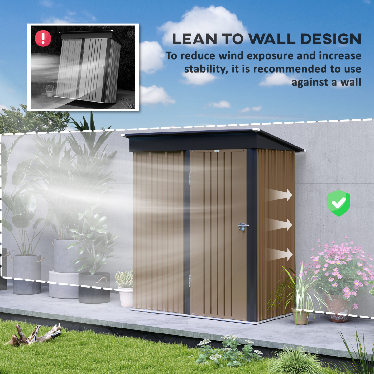 Outsunny 5 x 3ft Lean-To Galvanised Steel Garden Shed with Lock and Adjustable Shelves – Dark Grey and Brown