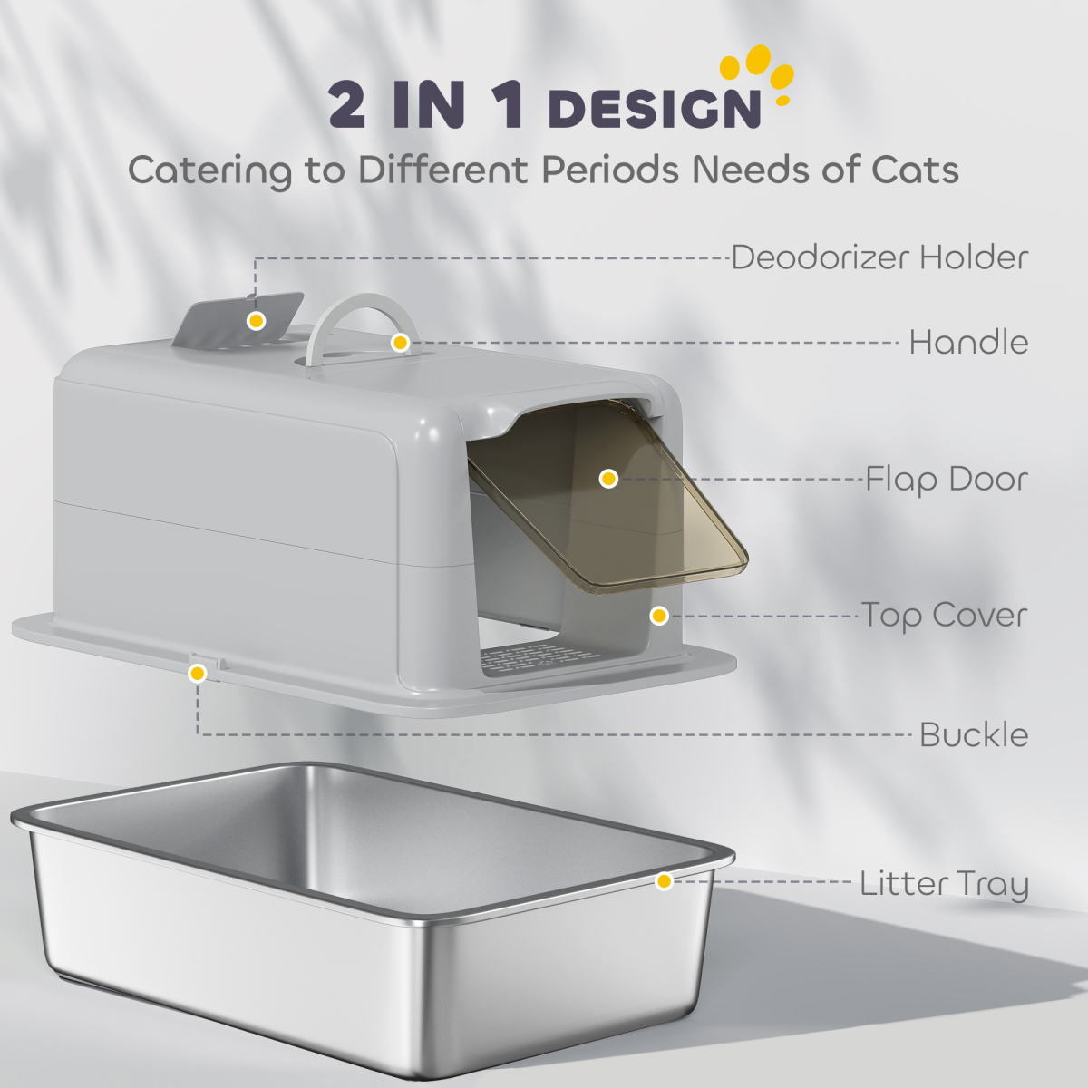 Cat Litter Box with Stainless Steel Tray, Sand Filter & Scoop – Odour Control Pet Toilet, Grey and Silver
