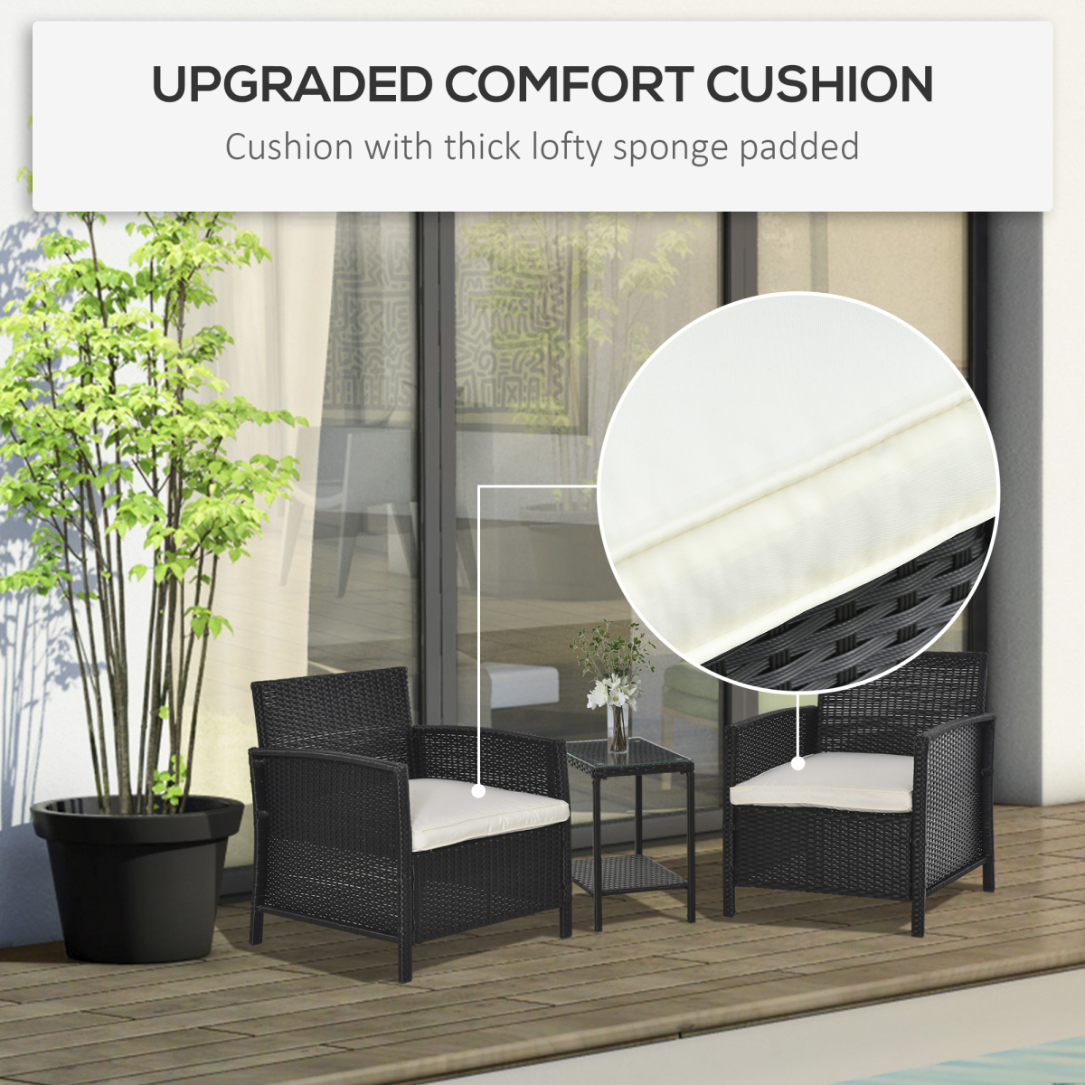 Outsunny 3-Piece PE Rattan Bistro Set with 2 Cushioned Armchairs & Glass Top Table – Garden, Black