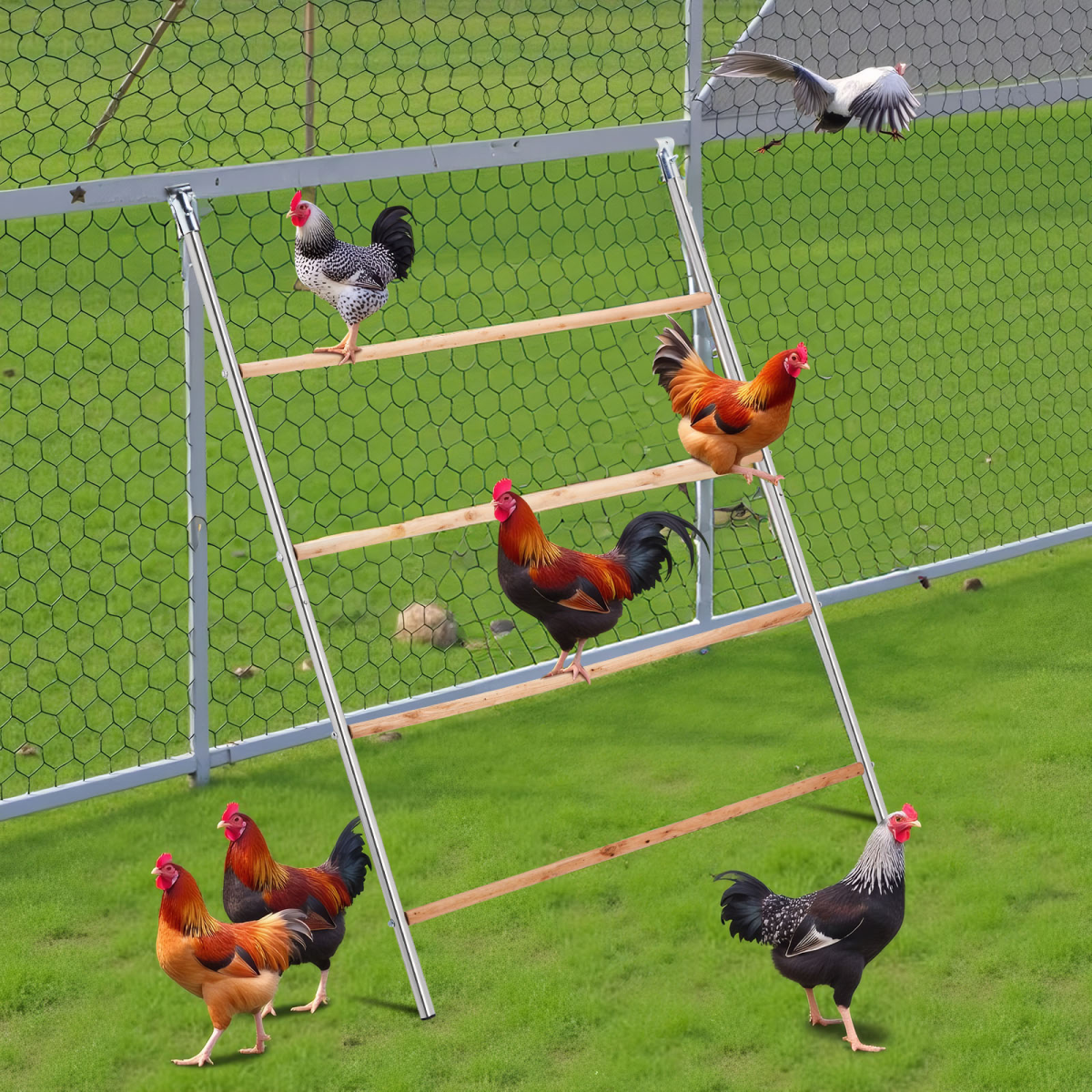 Outdoor Chicken Perch, 4-Level Round Tiered Metal & Wood Roost with Concave Platforms – 104 x 143cm