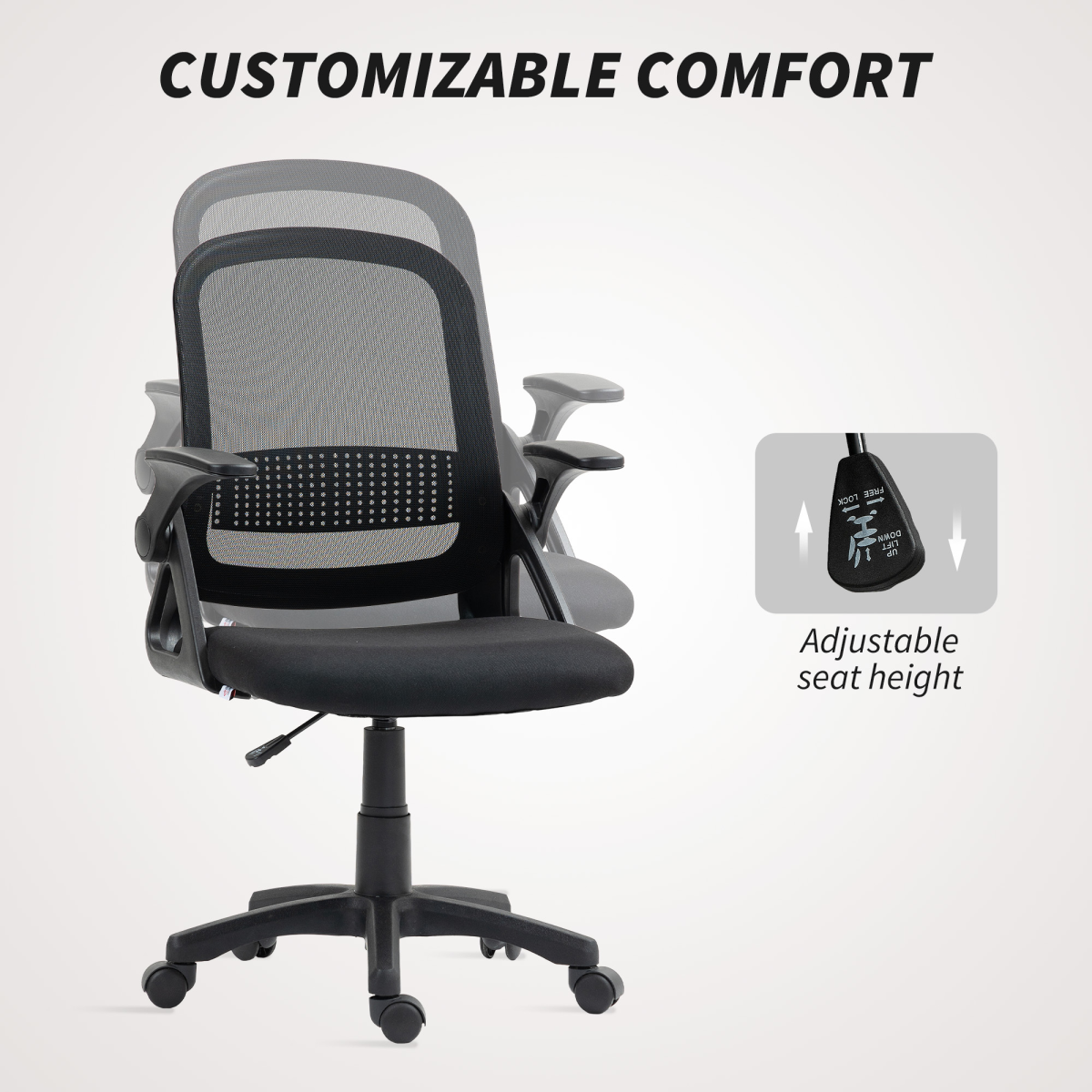 Breathable Mesh Office Chair with Flip-Up Arms & Curved Foam Back – Home Office Desk Chair, Black