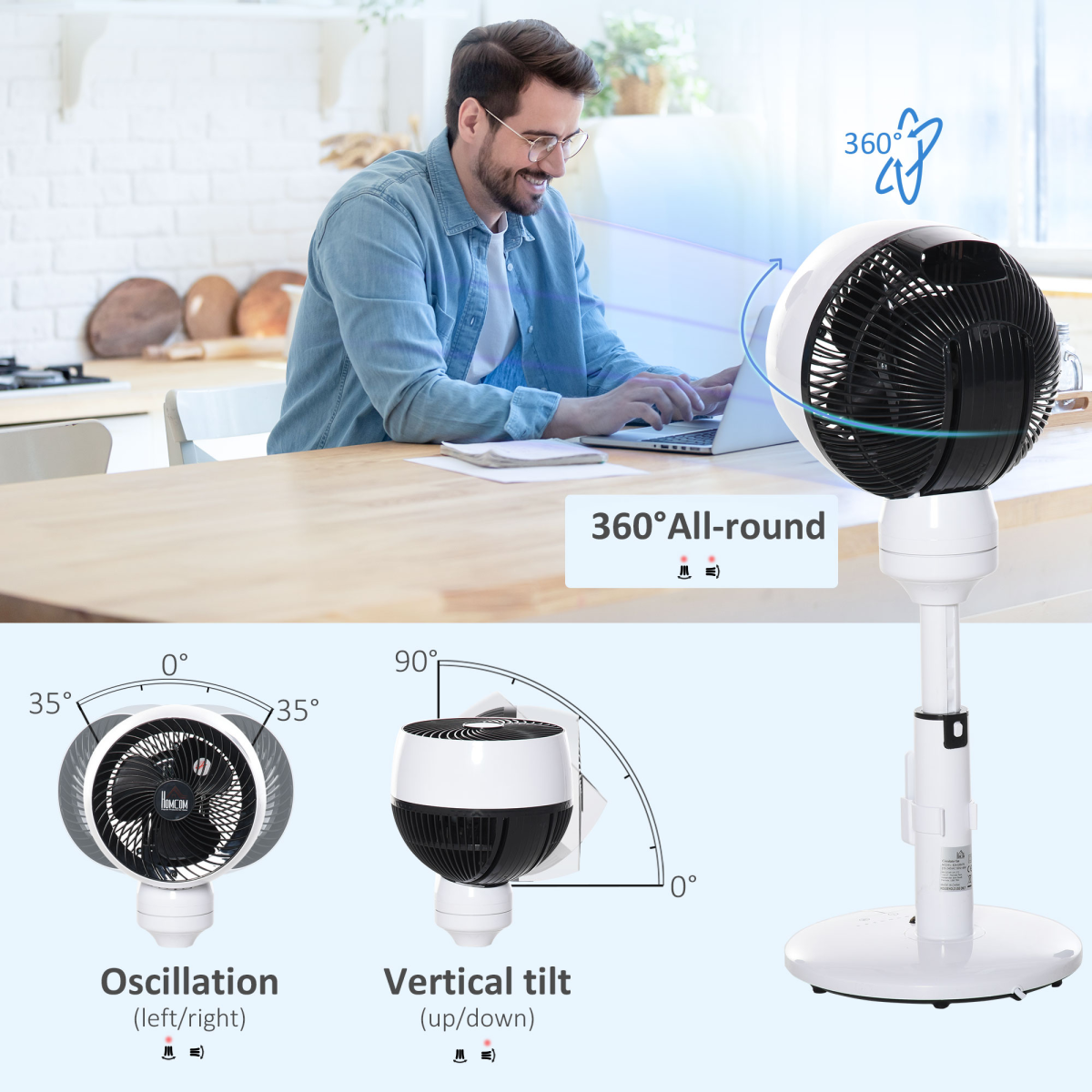 HOMCOM Air Circulator Fan with 3 Speeds, 3 Modes, Oscillation & Tilt – Height Adjustable, Black/White