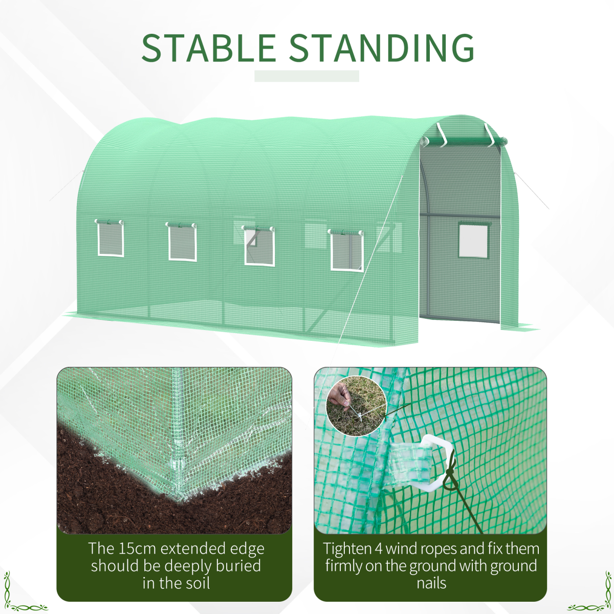 Walk-in Polytunnel Greenhouse with Galvanised Steel Frame & Roll-Up Windows – Garden Grow Tunnel, Green