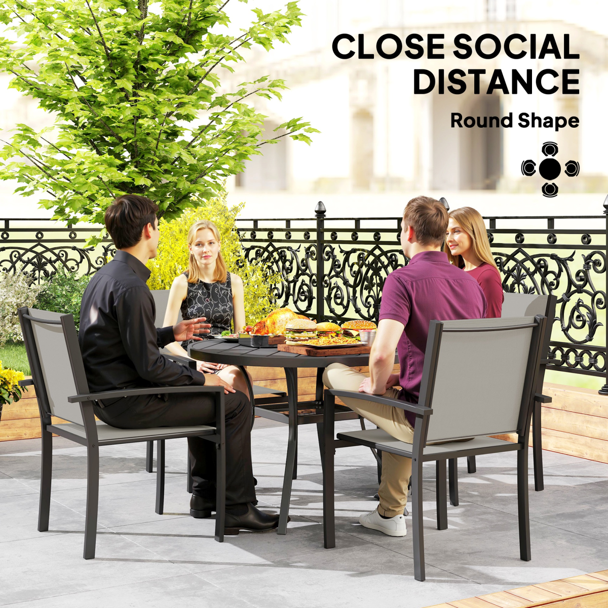 Outsunny 5-Piece Garden Dining Set with Round Table & 4 Stackable Chairs – Patio Furniture, Dark Grey
