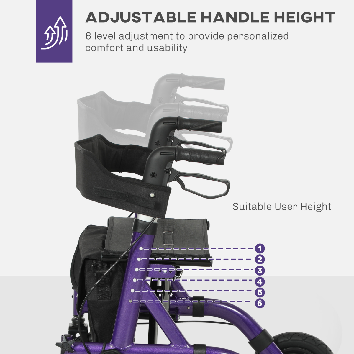 HOMCOM All-Terrain Rollator Walker with Seat, Backrest & Storage Bag – Folding Aluminium Mobility Aid, Purple