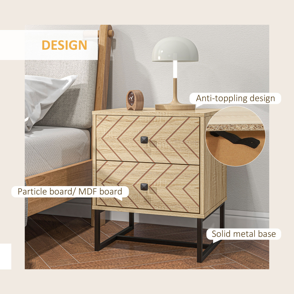 HOMCOM 2-Drawer Bedside Table with Zig-Zag Design – Anti-Tipping Storage Unit, Black Metal Handles