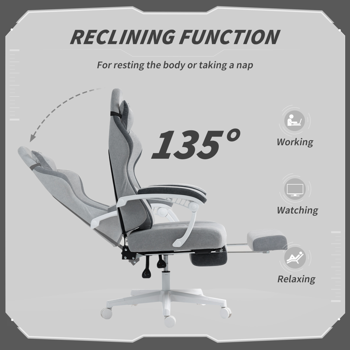 HOMCOM Printed Velvet Computer Recliner Chair with Adjustable Height, Lumbar Support & Footrest – 135° Reclining, Grey