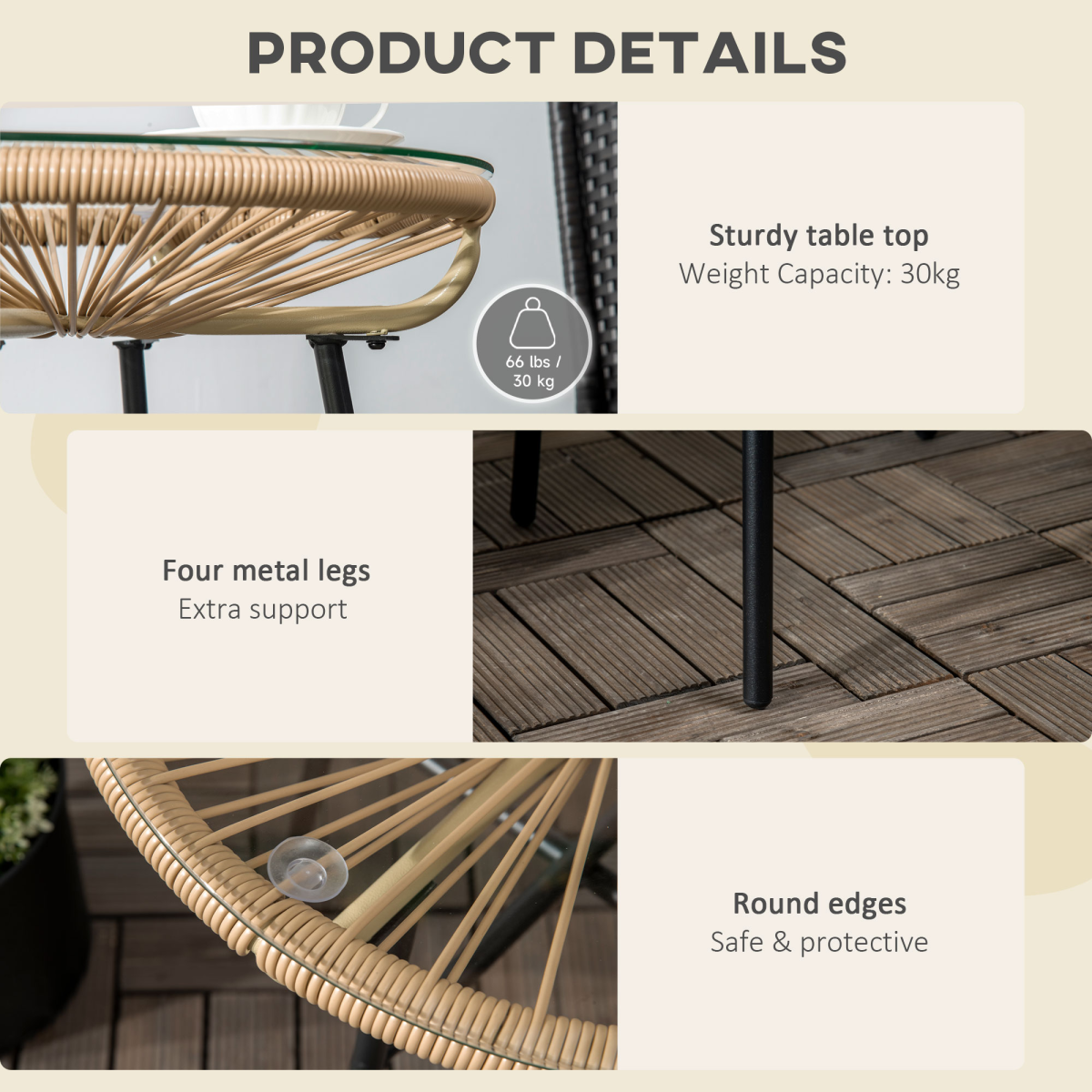 Outsunny Round PE Rattan Side Table with 5mm Tempered Glass Top & Powder-Coated Metal Frame