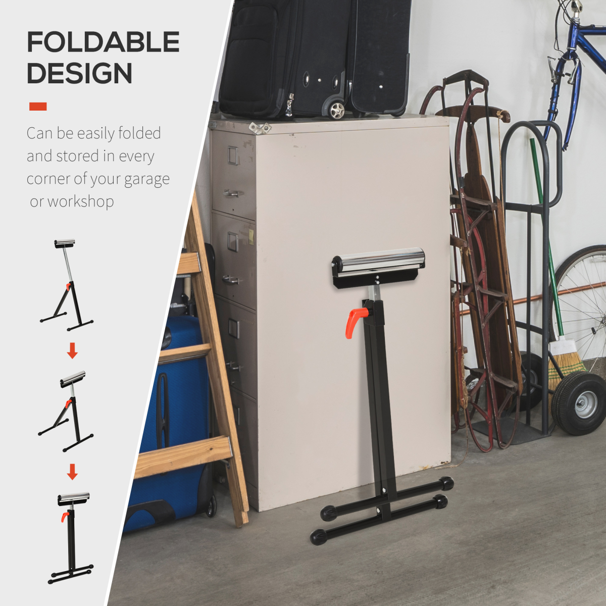 HOMCOM Adjustable Woodworking Roller Stand 68–110cm – Foldable Metal Work Support with Ball Bearing Roller