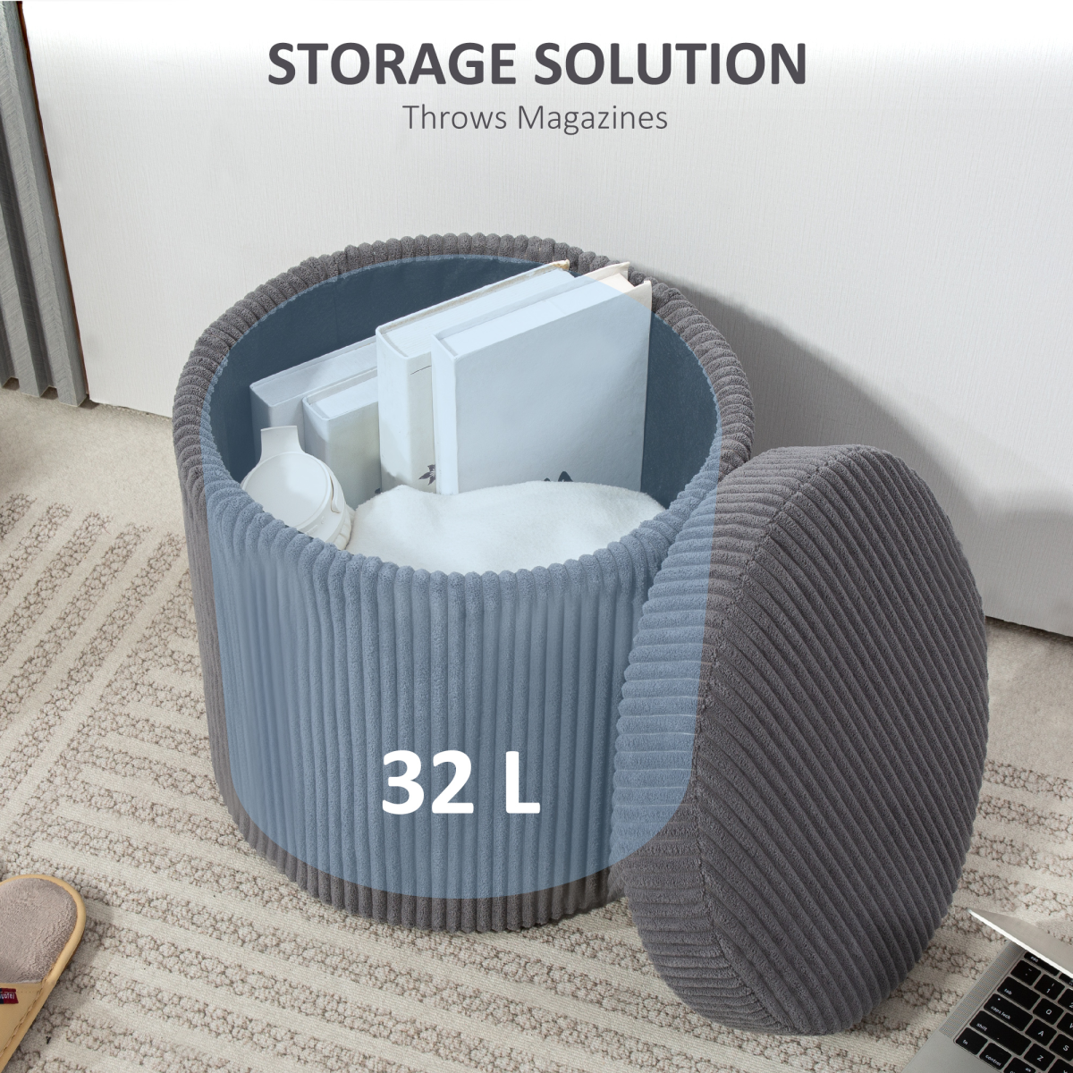 Corduroy Storage Ottoman Footstool with Lift-Off Lid – Extra Seat for Living Room & Bedroom