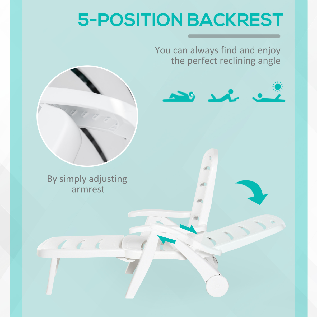 Outsunny Folding Patio Lounge Chairs Set of 2 with 5-Position Backrest & Wheels – PP Sun Loungers, White