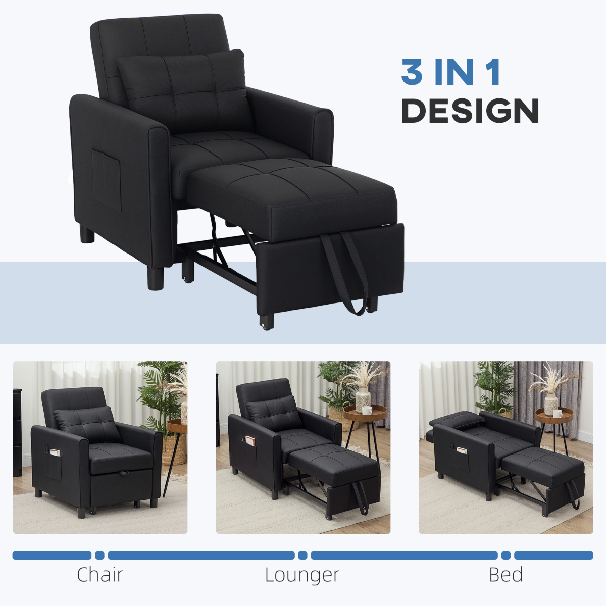 HOMCOM Folding Sleeper Chair Bed with Pillow & Side Pockets – Space-Saving Guest Bed, Black