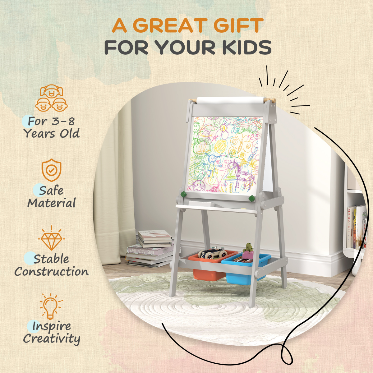 AIYAPLAY 3-in-1 Double-Sided Kids Art Easel with Paper Roll, Storage Boxes & Pen Holder – Grey