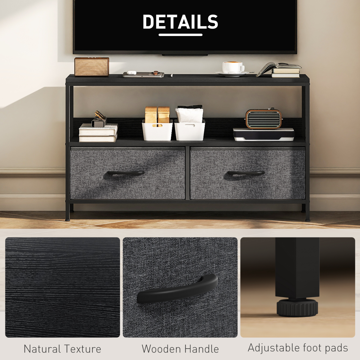 Industrial TV Stand with 2 Foldable Fabric Drawers for TVs up to 47 in – Steel Frame Media Unit, Black & Charcoal