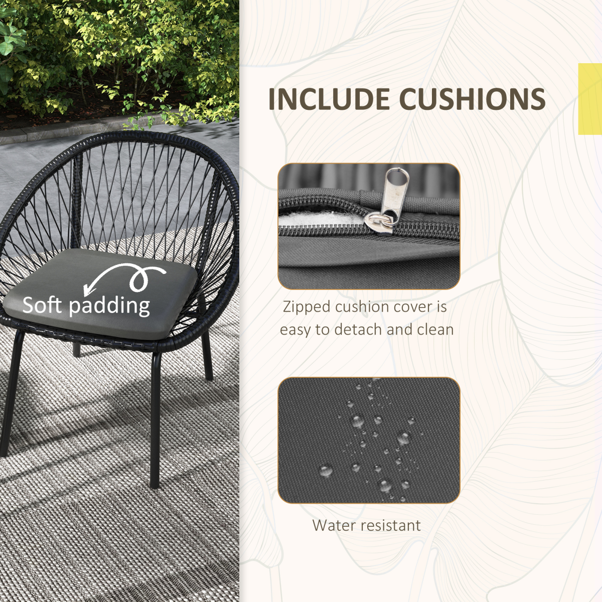 Outsunny 3-Piece Wicker Bistro Set with 2 Round Chairs, Padded Cushions & Metal-Top Coffee Table – Patio Balcony Furniture, Black/Dark Grey