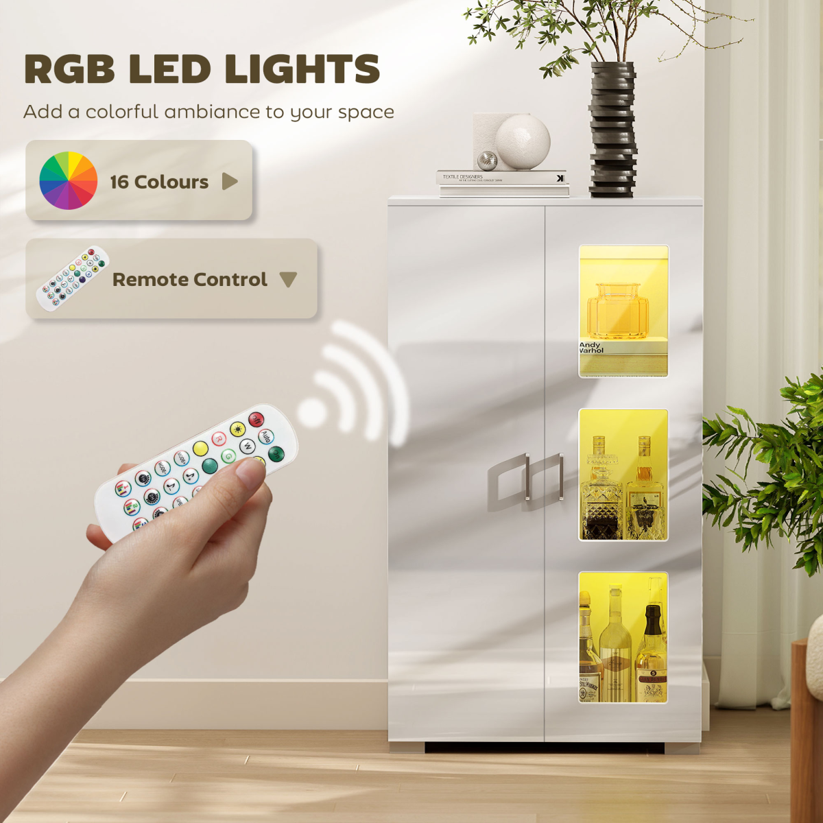 Modern Display Cabinet with 16-Colour RGB LED Lighting – Collectibles Showcase for Living Room & Games Room