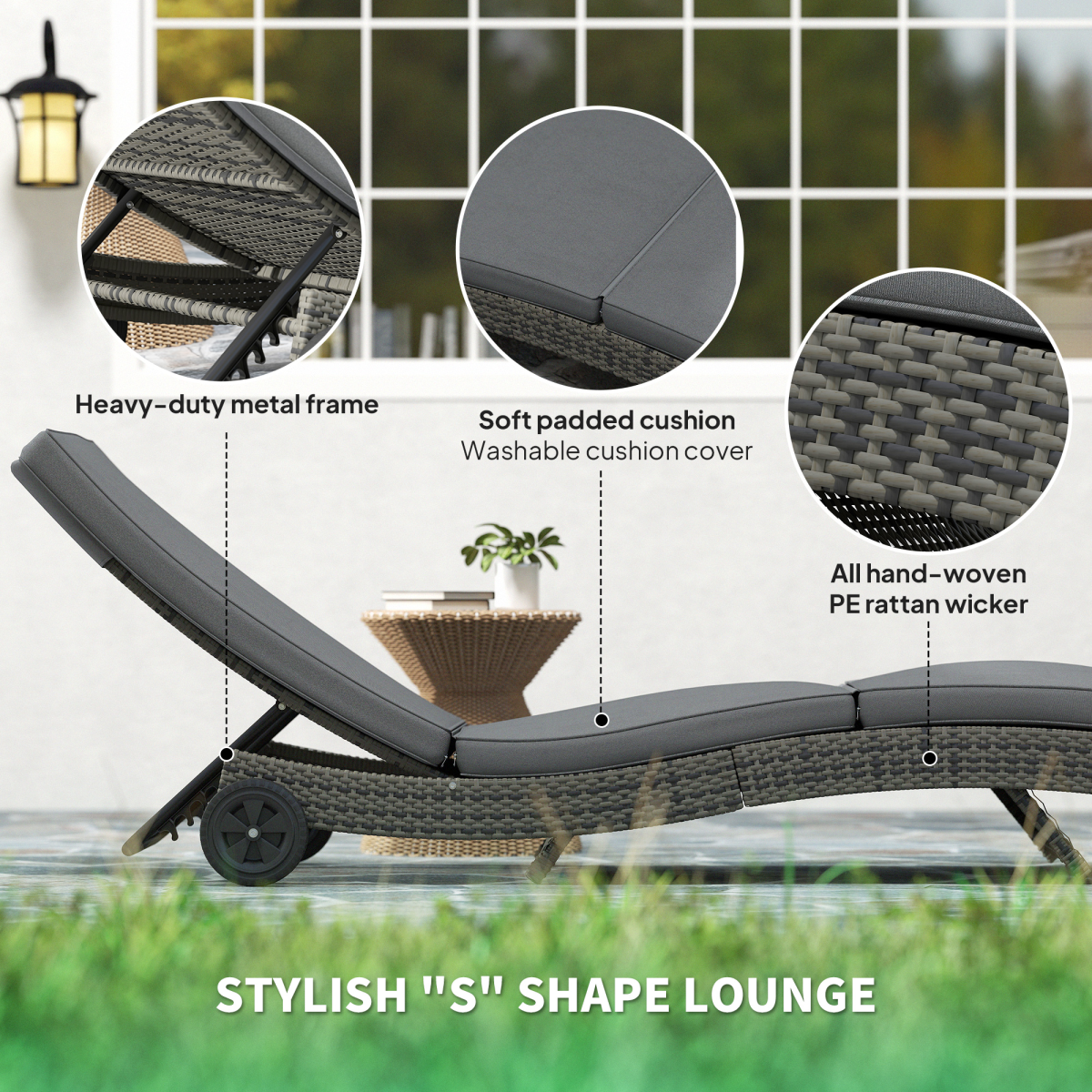 Outsunny Rattan Sun Lounger with 5-Level Reclining Back & Wheels – Outdoor Garden Recliner, Dark Grey