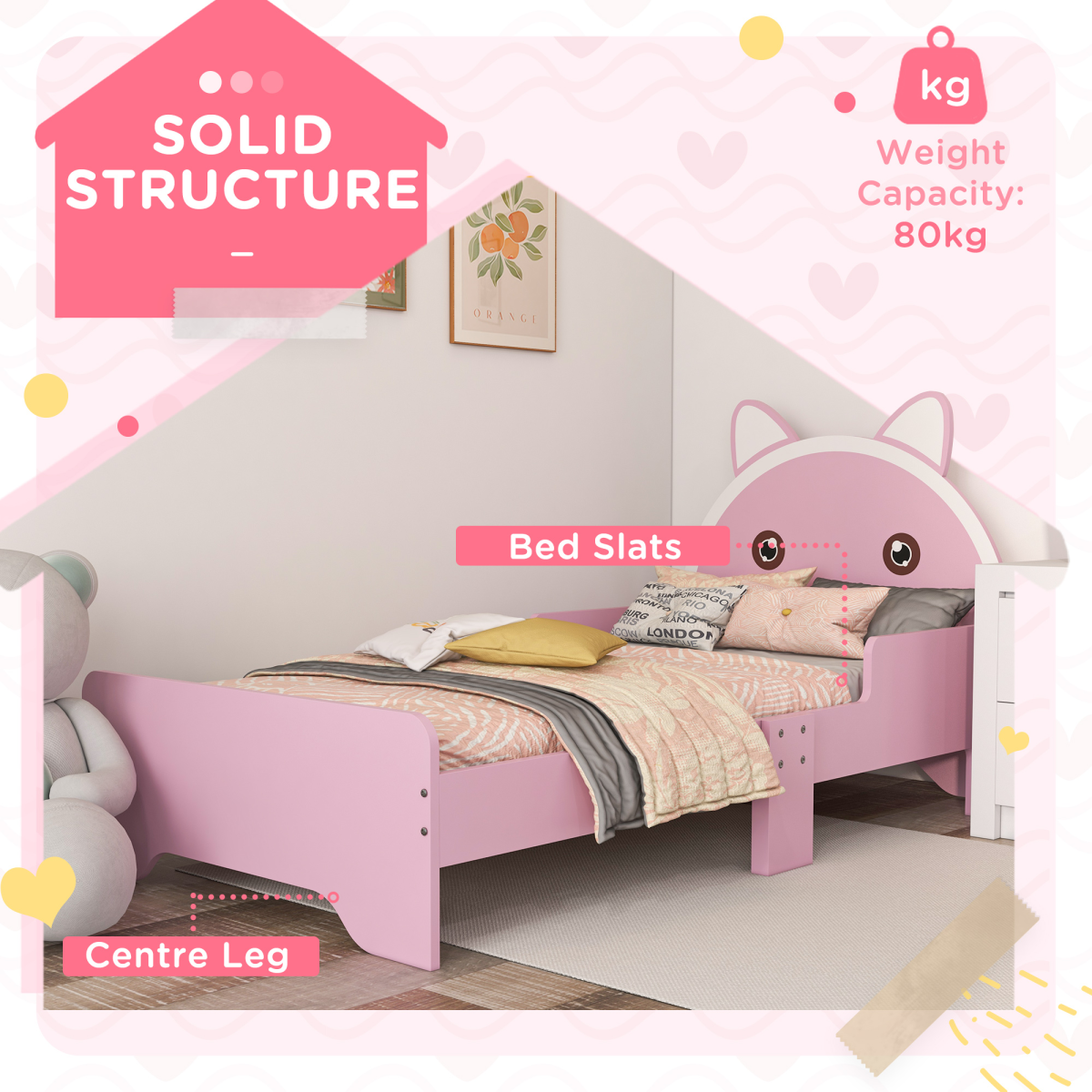 ZONEKIZ Toddler Bed Frame with Cat Design and Guardrails – Low Kids Bed for Ages 3–6, Pink