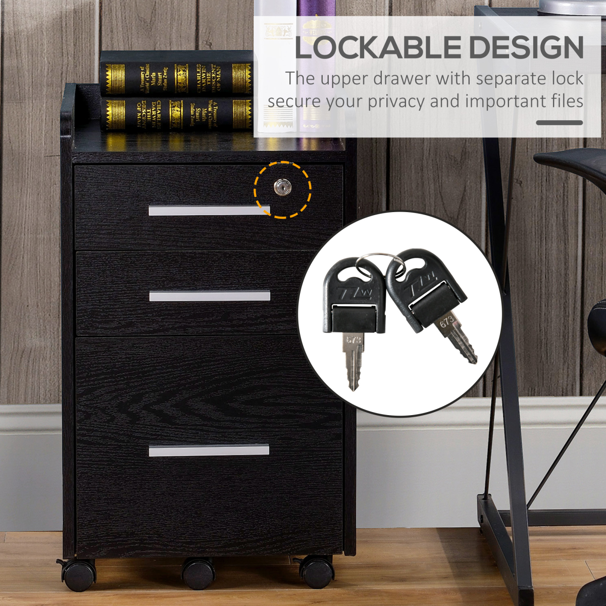 HOMCOM Mobile Office Storage Cart with 3 Drawers, Lockable Top Drawer & 5 Wheels – Wood-Effect, Black
