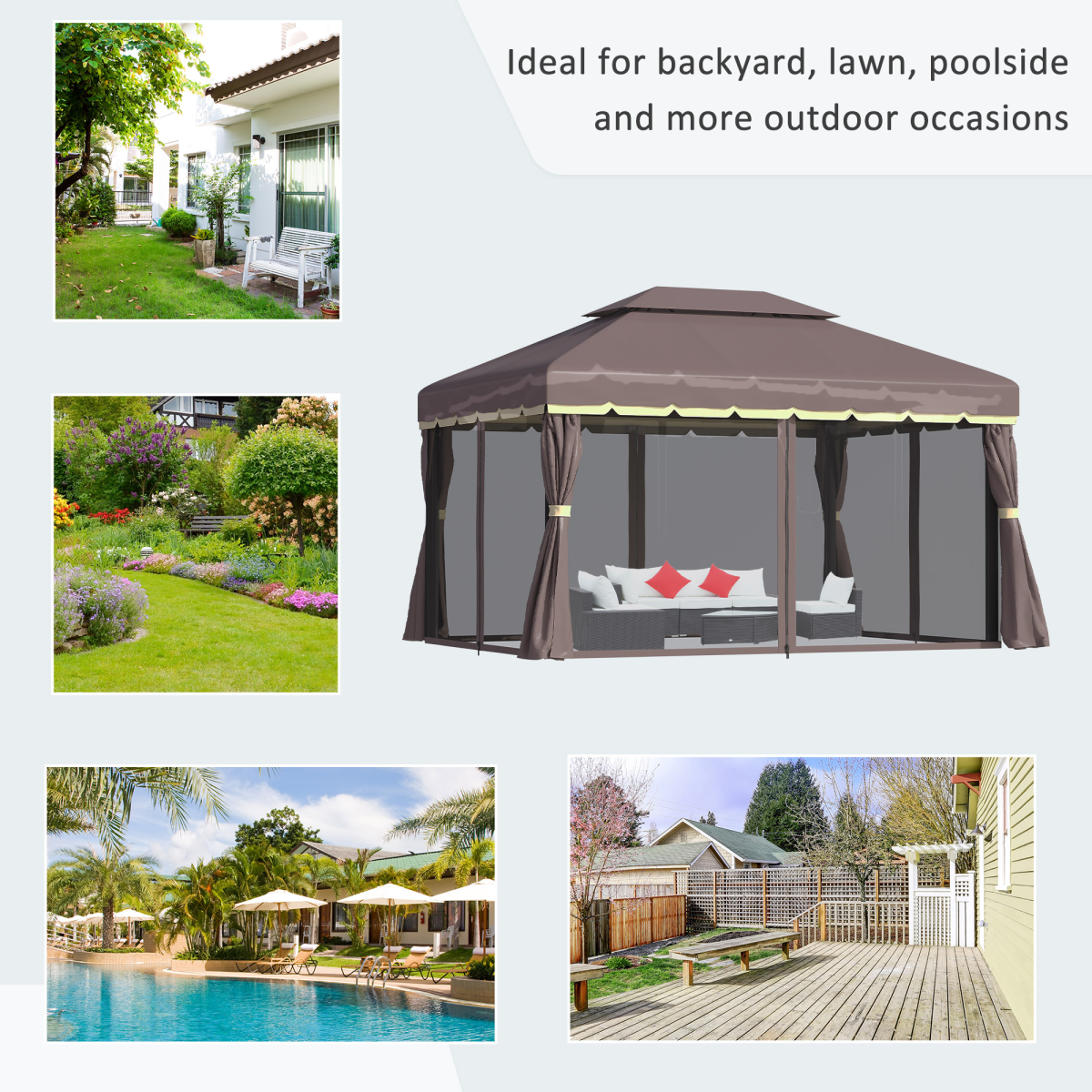 Outsunny Aluminium Frame Garden Gazebo with Side Curtains & Mesh Nets – Shade and Insect Protection, Coffee