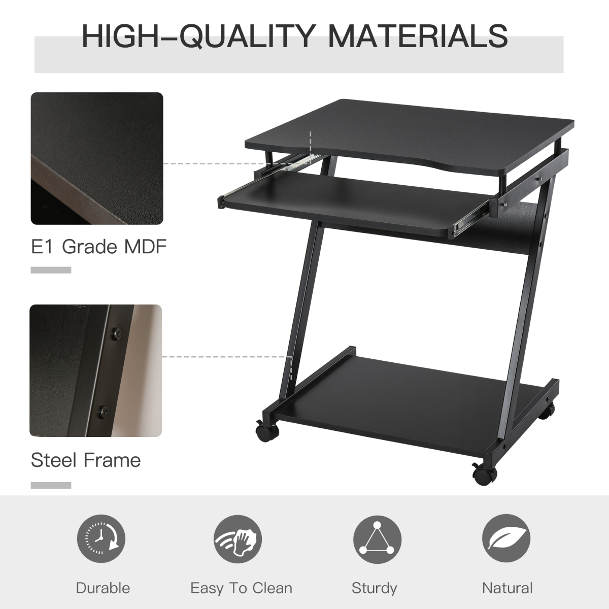 Movable Computer Desk with 4 Wheels and Sliding Keyboard Tray – Compact Home Office PC Workstation, Black