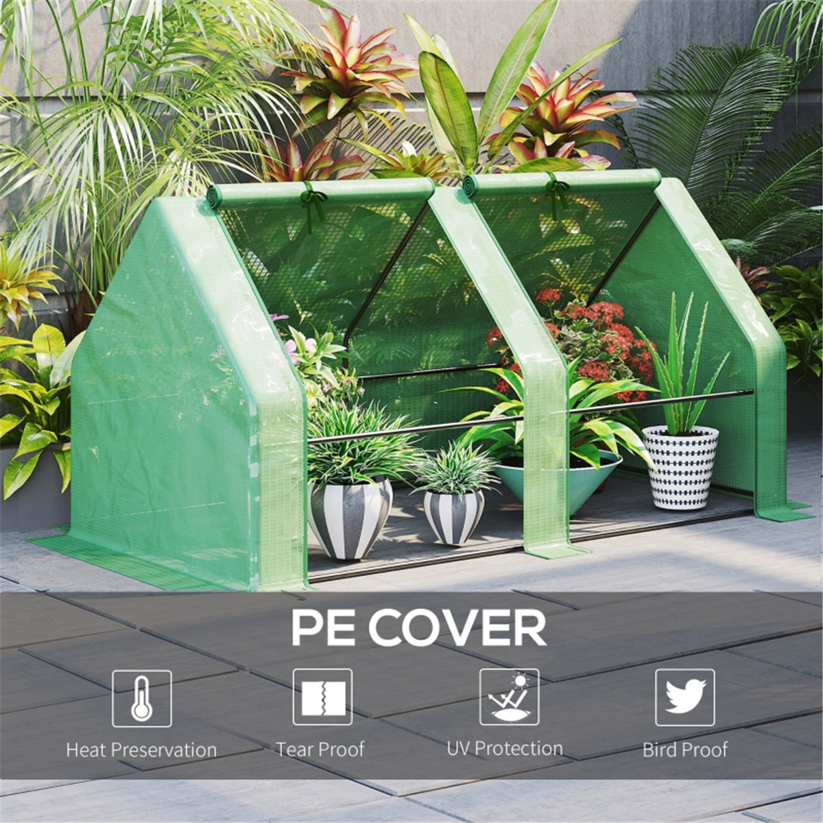 Mini Tunnel Greenhouse with 3 Roll-up Zipped Doors – Steel Frame PE Cover Grow Tunnel, 5.9 x 3 x 3ft, Green