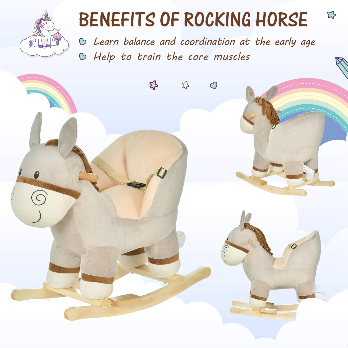 HOMCOM Kids Ride-On Rocking Donkey with Sound Button, Handlebars, Seat Belt and Plush Body – Ages 18-36 Months