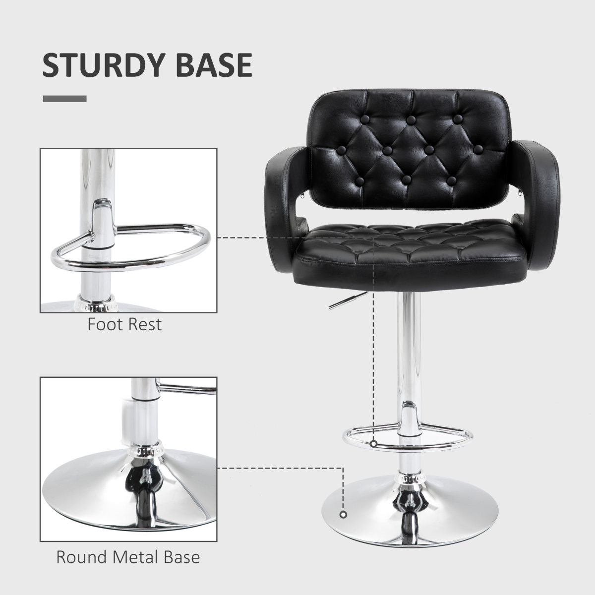 HOMCOM Adjustable Height Swivel Bar Stool with High Back, Arms and Footrest – Tufted PU Leather Kitchen Counter Chair