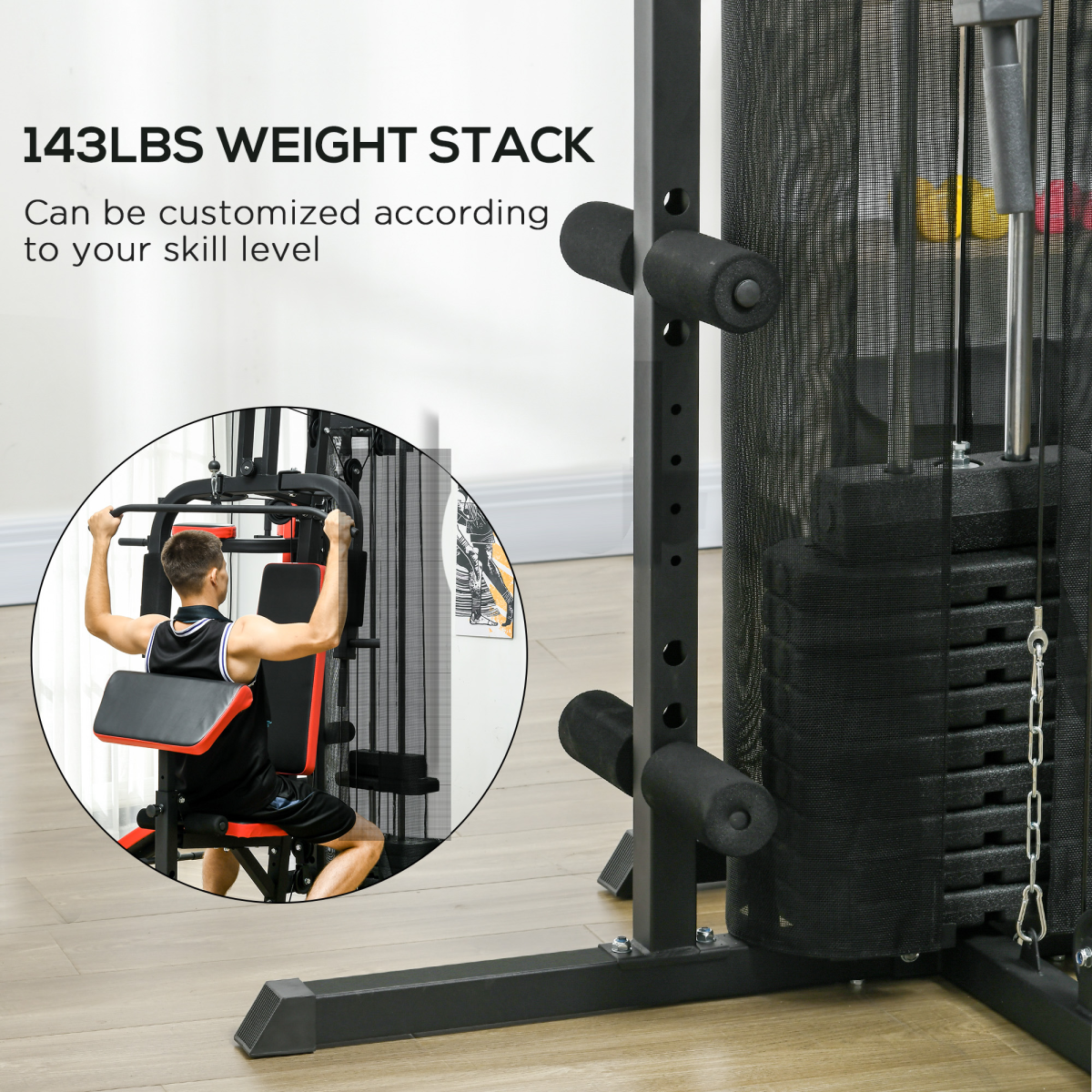 Outsunny Multi Gym Workout Station with 65kg Weight Stack, Sit Up Bench, Push Up Stand & Dip Station – Home Gym, Black