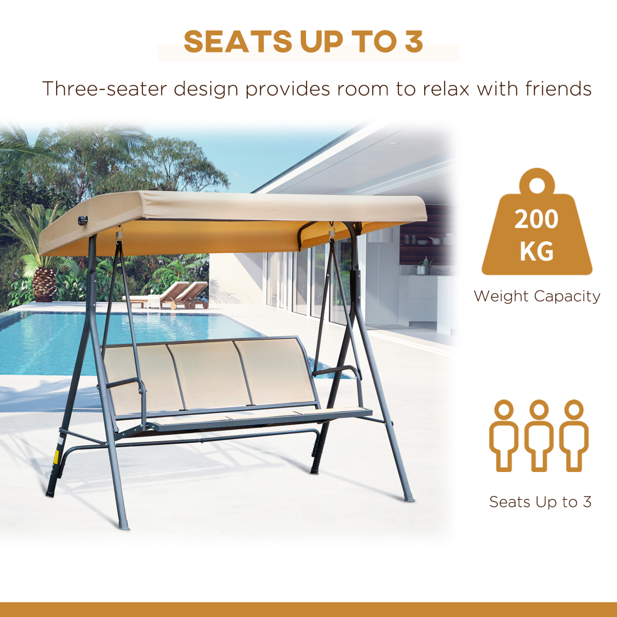 Outsunny 3-Seater Swing Chair Replacement Canopy and Steel Frame – Weather Resistant, Beige