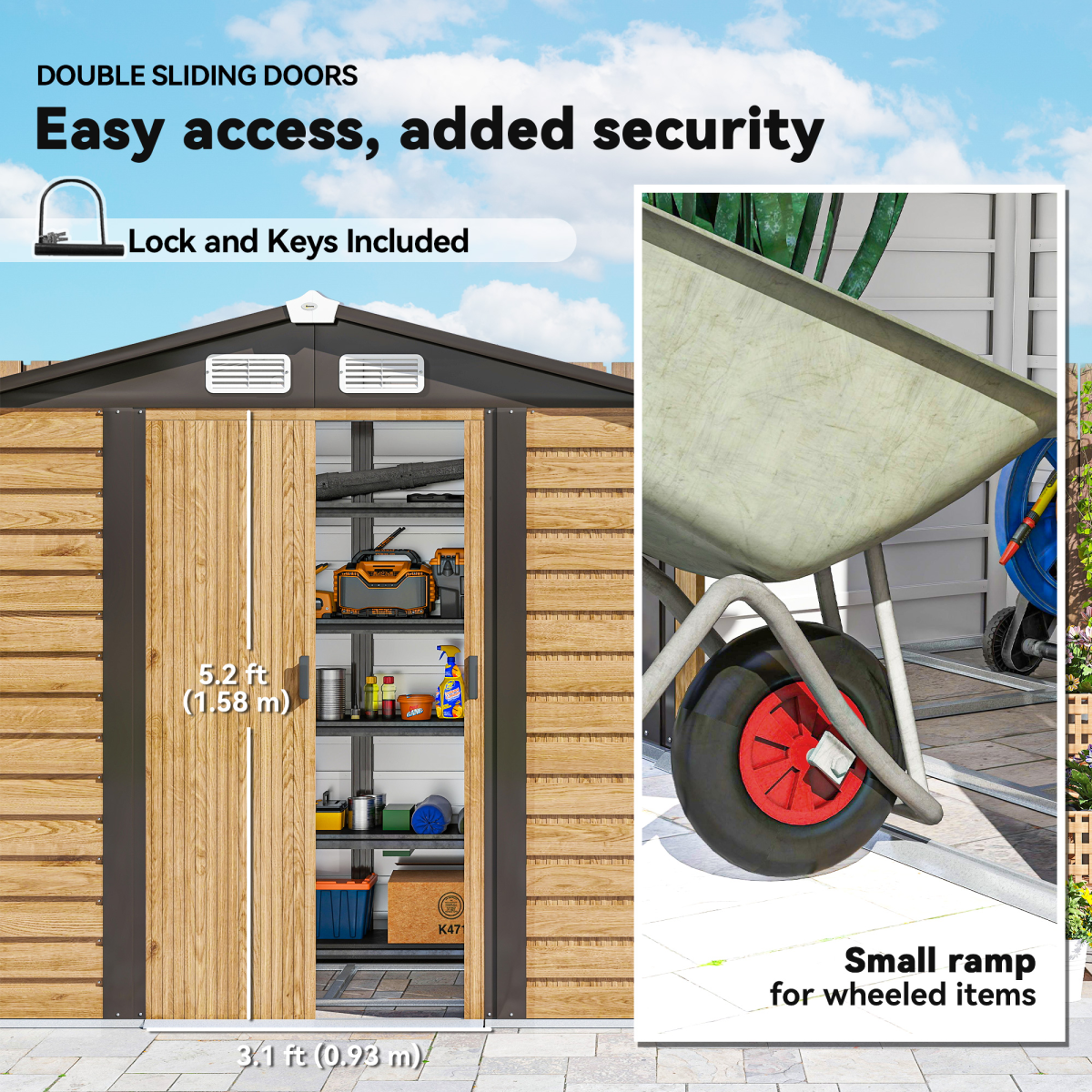 Outsunny 7 x 4ft Metal Garden Shed with Lockable Sliding Doors & Vents – Apex Roof Bike Storage, Natural