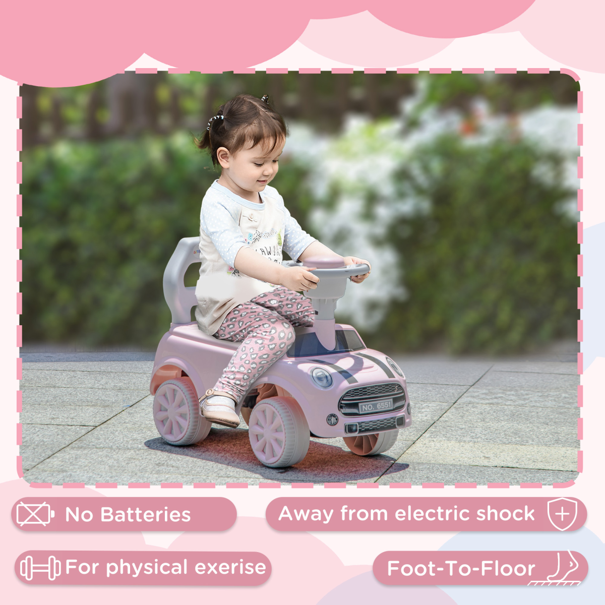 AIYAPLAY Foot-to-Floor Ride-On Car with Steering Wheel & Horn – Toddler First Ride-On, Pink