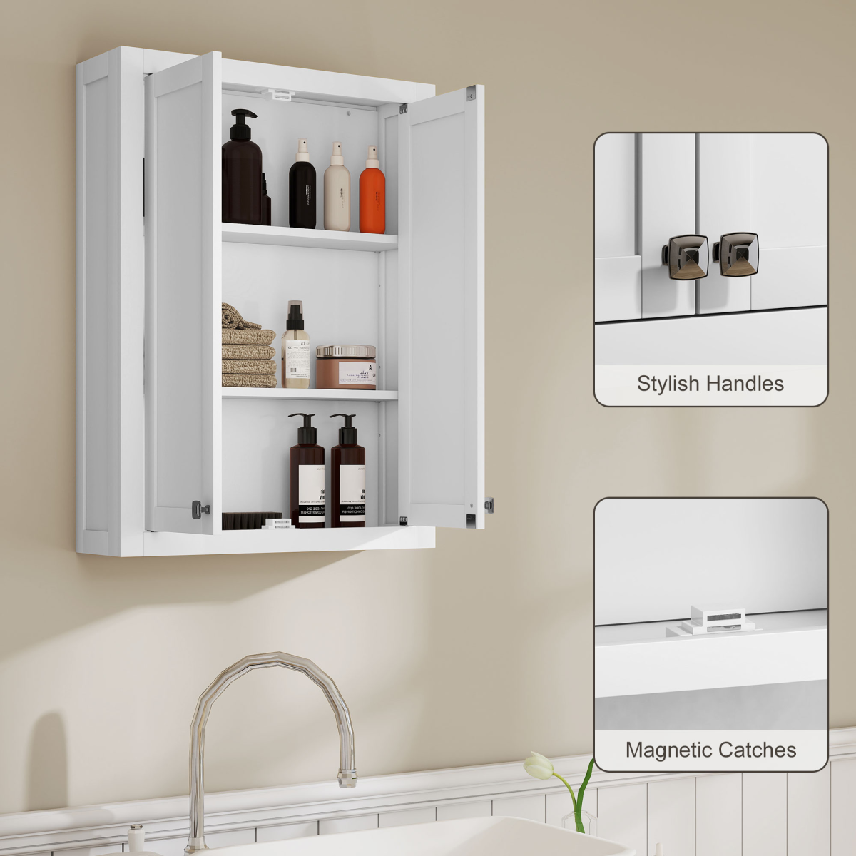 HOMCOM Wall Mounted Bathroom Cabinet with 2 Adjustable Shelves & Magnetic Doors – Space-Saving Storage, White